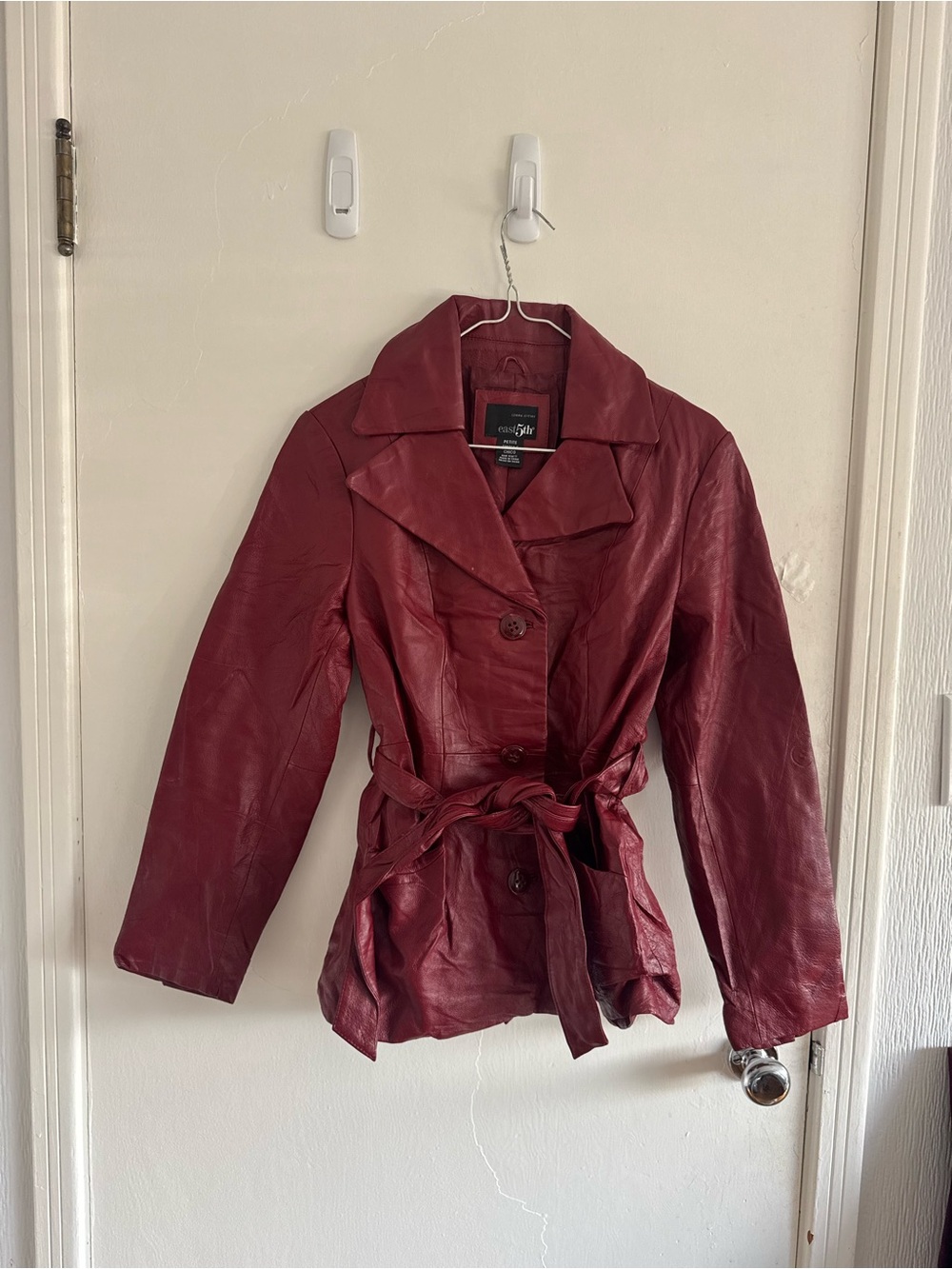 East 5th Women’s Burgundy Button-Front Leather Jacket with Tie Belt